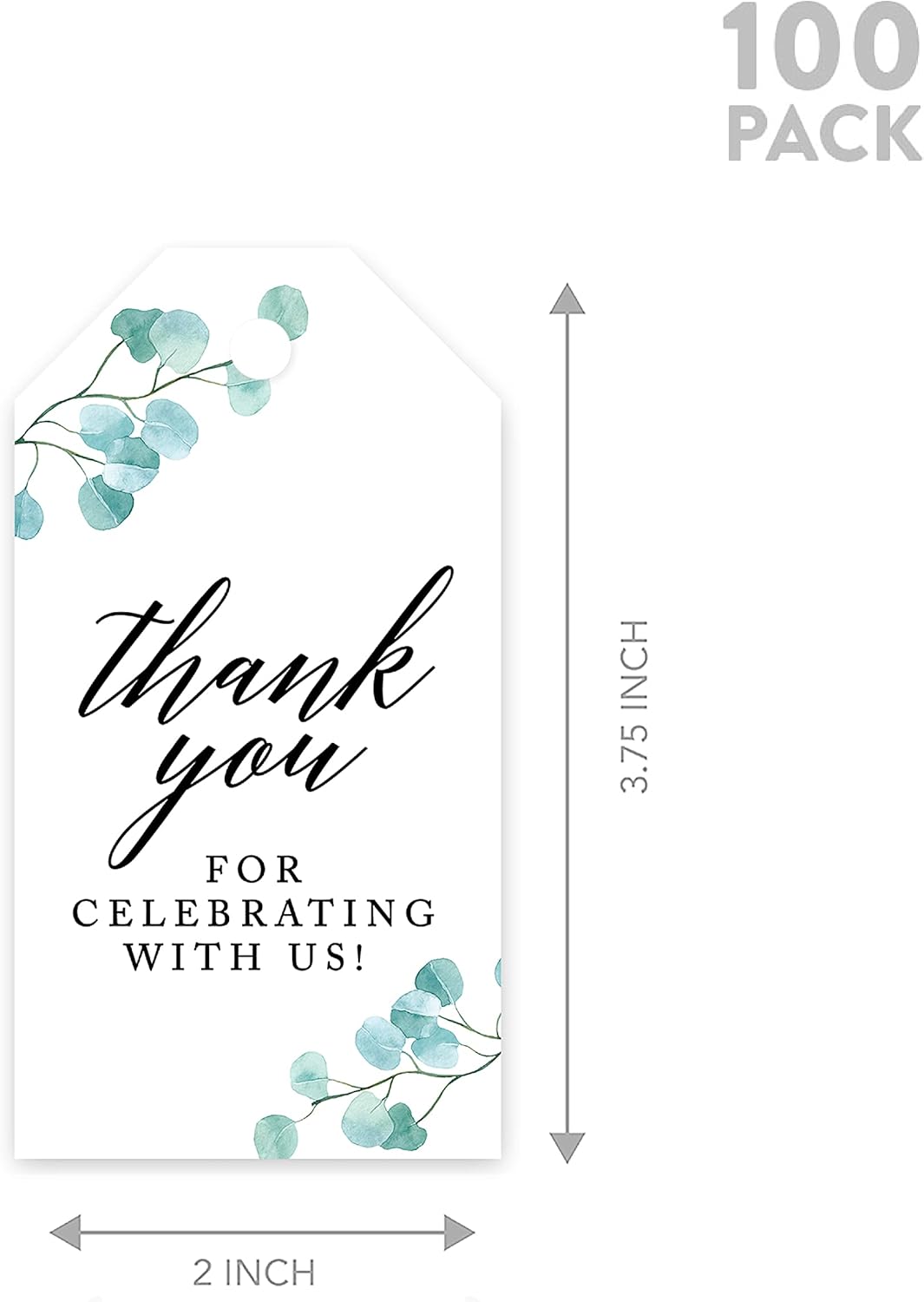 Andaz Press 100-Pack Thank You for Celebrating with Us Favor Tags Silver Dollar Eucalyptus Cardstock Gift Tags with Bakers Twine for Wedding Baby Shower Bridal Shower Party Favors 2 x 3.75-Inches