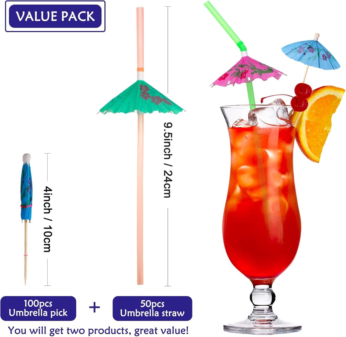BLUE TOP Umbrella Parasol Cocktail Picks &Cocktail Straws Set- Umbrella Drink Picks100pcs+Umbrella Drink Straws 50pcs Assorted Colors, Great Decoration for Food & Drink,Great for Children's Day