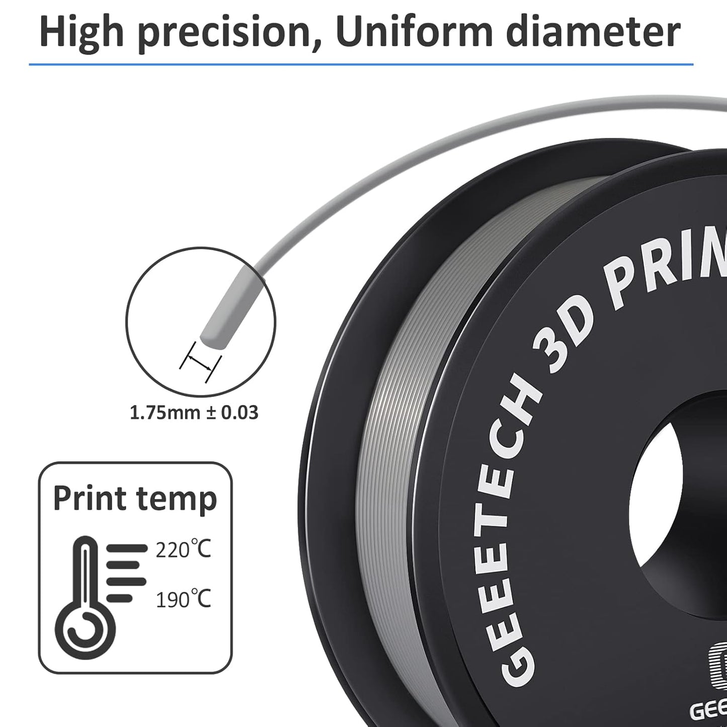 Geeetech Silver Filament, PLA Filament 1.75mm 1kg Spool (2.2lbs), Dimensional Accuracy +/- 0.02 mm, 3D Printing Filament Fit Most FDM Printer, New Silver