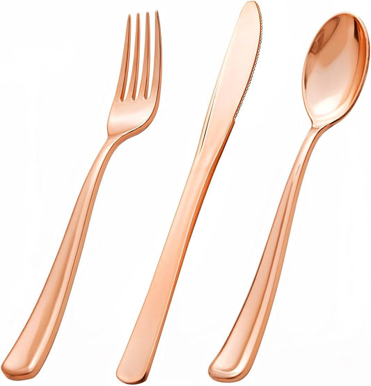 bUCLA 600PCS Rose Gold Plastic Silverware Set - Disposable Rose Gold Plastic Cutlery Include 200 Knives, 200 Forks, 200 Spoons for Party, Wedding & Mother’s Day