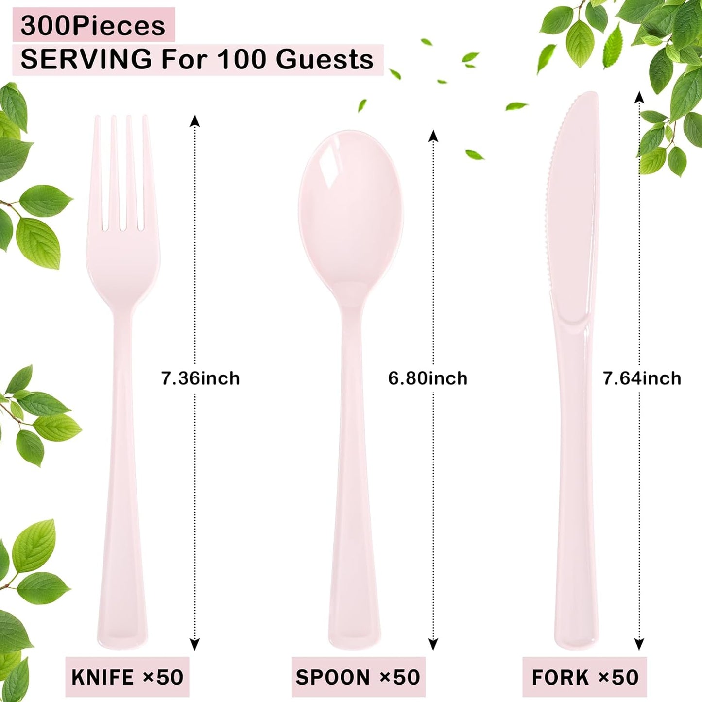 Supernal 300 Pieces Pink Plastic Silverware Heavy Duty Disposable Silverware Pink Utensils Disposable Cutlery Set 100 Forks 100 Knives 100 Spoons for Wedding Party Supplies Everyday Use