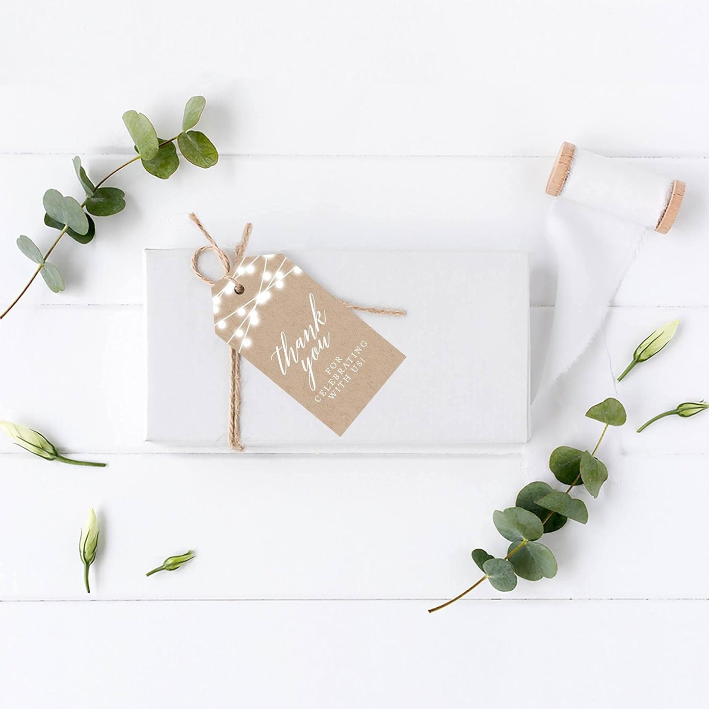 Andaz Press 100-Pack Thank You For Celebrating With Us Favor Tags Rustic String Lights Cardstock Gift Tags with Bakers Twine for Wedding Baby Shower Bridal Shower Birthday Party Favors 2 x 3.75-Inches