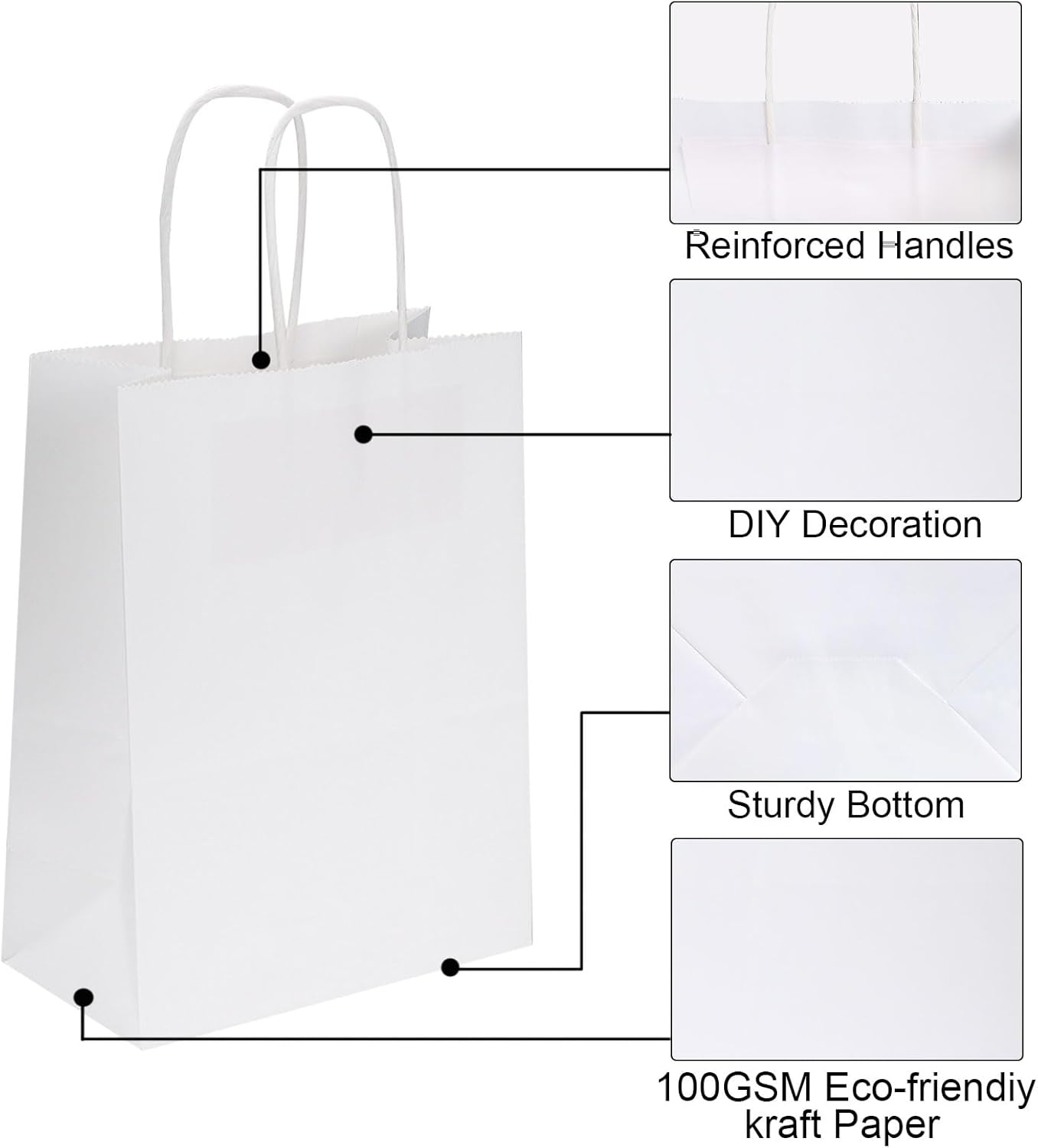 Joybe 50 Pack 6x3.25x8 Inch Small White Paper Bags with Handles Bulk, Kraft Paper Gift Bags for Birthday Party Favors Grocery Retail Shopping Business Goody Merchandise Craft Blank Sacks (50pcs)