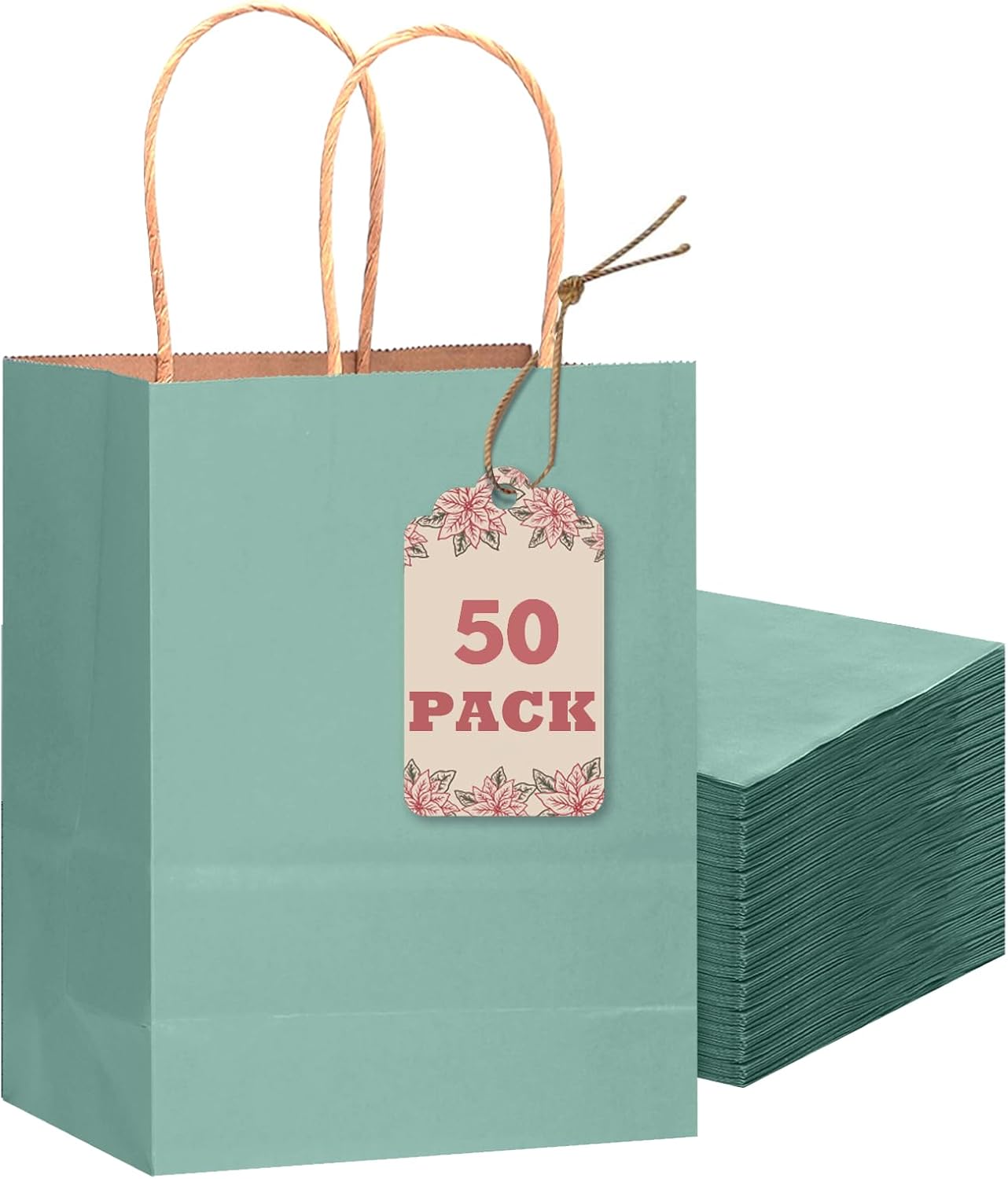 qiqee 50-Packs Gift Bag with Handles Bulk Kraft Light Blue Paper Bags Multiple Uses (8.3"x3"x6"inch Small Size)