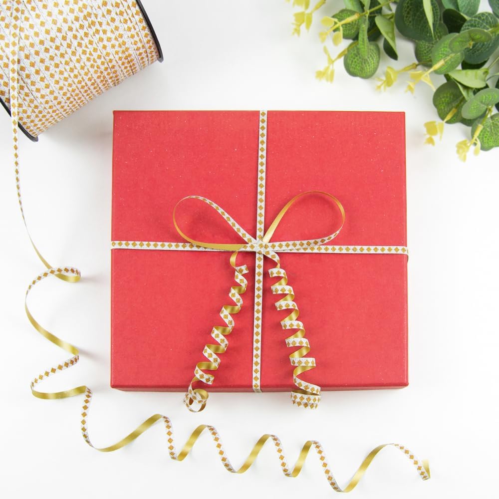 Square Pattern Glitter Curling Ribbon, 1/5" Wide x 500 Yards Christmas Curling Ribbons for Gift Wrapping, Party Decoration, Balloon String, Crafting, Balloon Ribbons for Florist Flower (1 Roll)