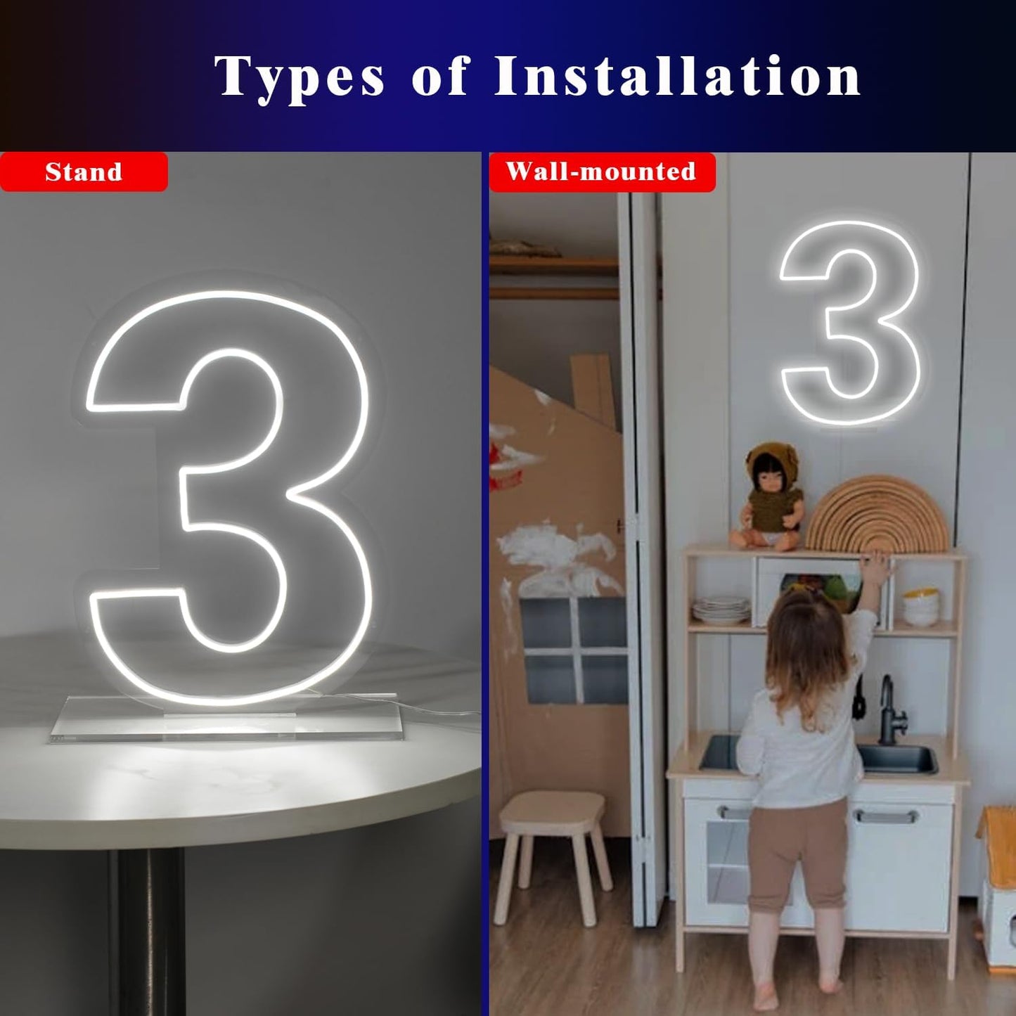 Number 3 Neon Sign for Birthday, 16.54" Cool White USB Battery Powered Led Neon Sign for Party Wedding Anniversary Decor Light Sign (Number 3)