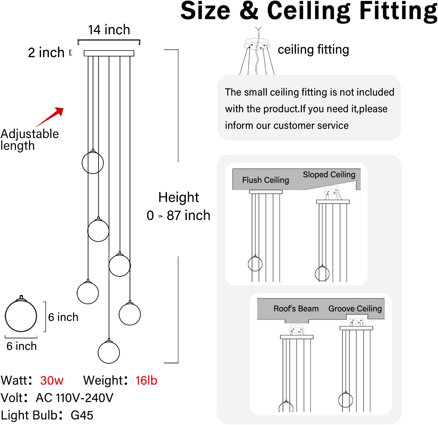 H 87in Modern Glass Globe Chandelier 6-Lights Glass Pendant Light for Staircase Black Globe Chandelier Clear Glass Hanging Lighting for Living Room Bedroom Entryway