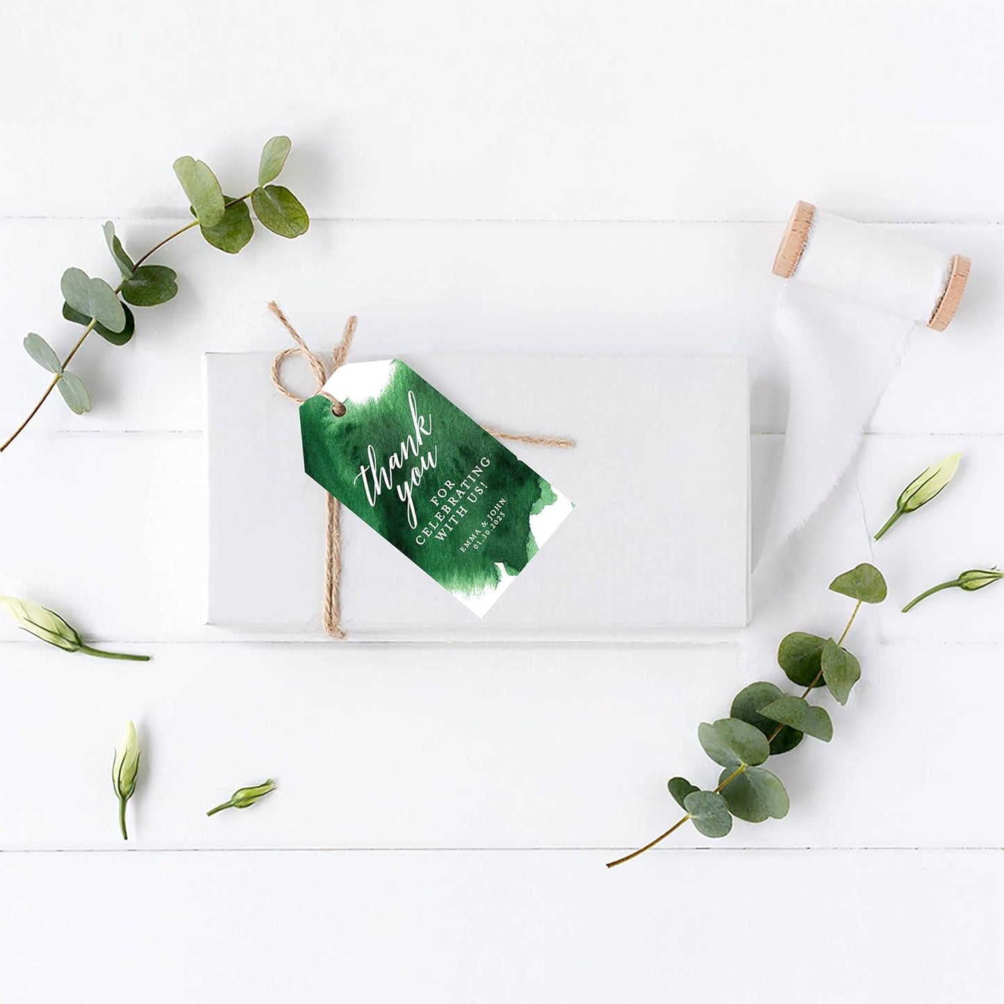 Andaz Press 100-Pack Personalized Thank You for Celebrating with Us Wedding Favor Tags with Bakers Twine Emerald Green Watercolor Custom Cardstock Wedding Gift Tags for Party Favors 2 x 3.75-Inches