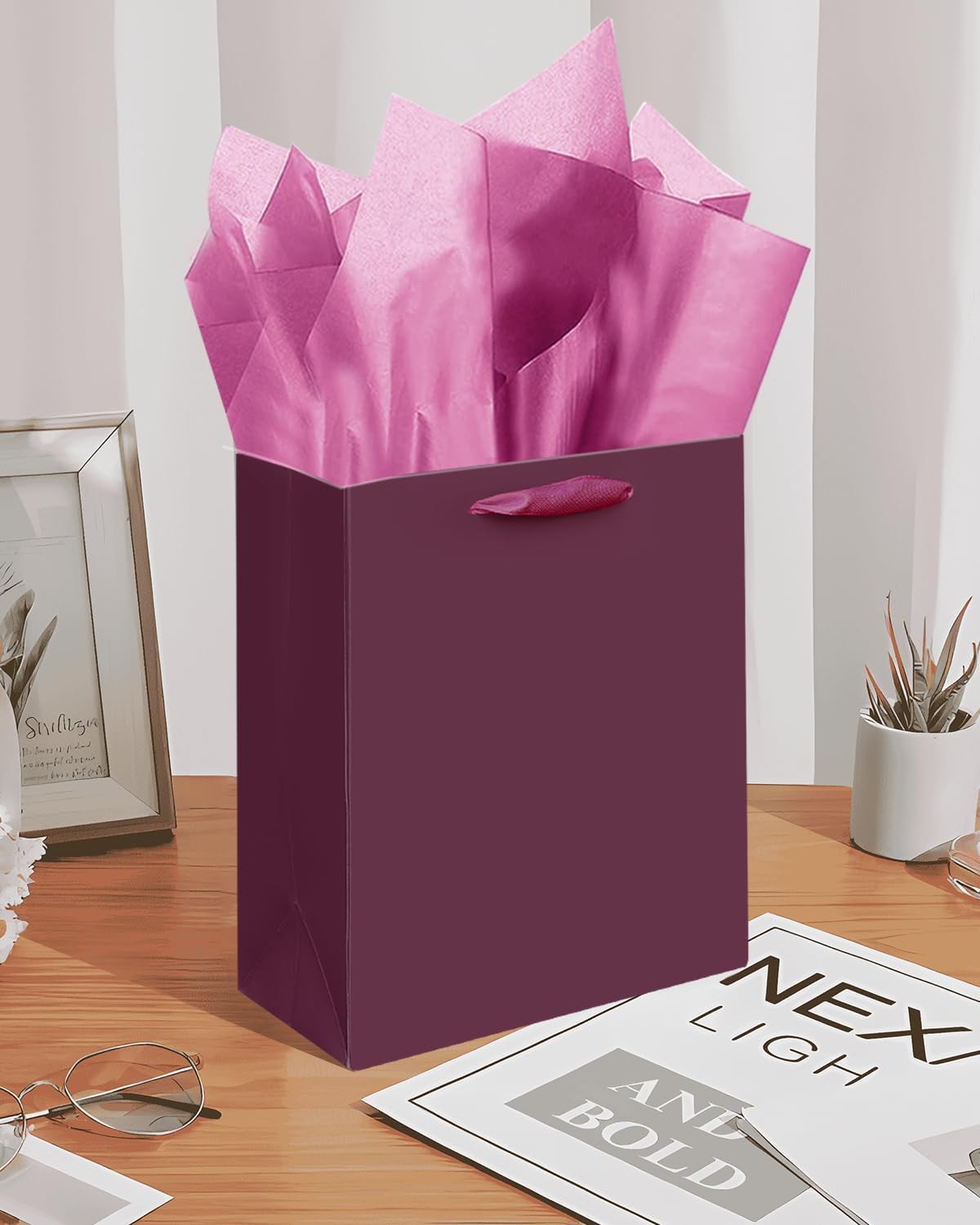 Gcardist Deep Purple Gift Bags with Tissue Paper for Wedding, Birthday, Party Supplies-7.9"x4.3"x9.6" Medium Size Cardboard Gift Bags（5pcs Bags +10pcs Tissue Paper ）