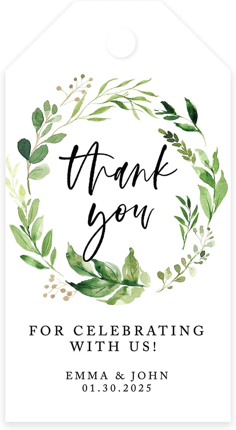 Andaz Press 100-Pack Personalized Thank You for Celebrating with Us Wedding Favor Tags with Bakers Twine Greenery Wreath Custom Cardstock Wedding Gift Tags Thank You Tags for Party Favors 2” X 3.75”