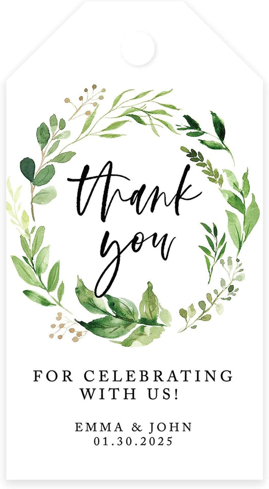 Andaz Press 100-Pack Personalized Thank You for Celebrating with Us Wedding Favor Tags with Bakers Twine Greenery Wreath Custom Cardstock Wedding Gift Tags Thank You Tags for Party Favors 2” X 3.75”