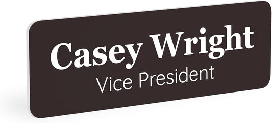ExcelMark Custom Name Tag - Engraved Name Badge with Pin or Magnetic Backing, 16 Colors, 6 Fonts, and 2 Sizes to Choose from (Brown w/White Letters, 1"x 3")