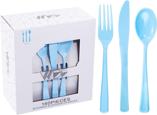 WDF 160 Piece Blue Plastic Silverware - Heavy Duty Blue Silverware Includes 80 Forks, 40 Spoons, 40 Knives, Disposable Plastic Utensils Perfect for Wedding, Graduation, Party