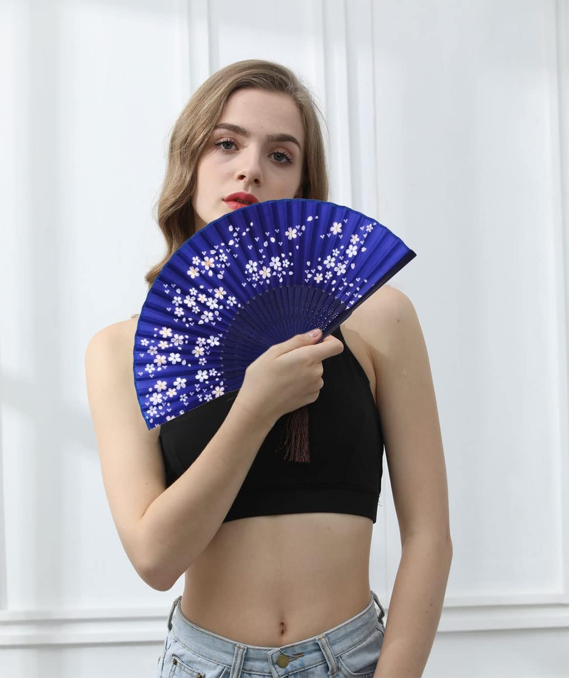 Amajiji Folding Hand Fan for Women, Chinese Japanese Vintage Style Bamboo Silk Hand Held Folding Fans for Party Wedding Dancing Decoration Gift Performance (AM-17)