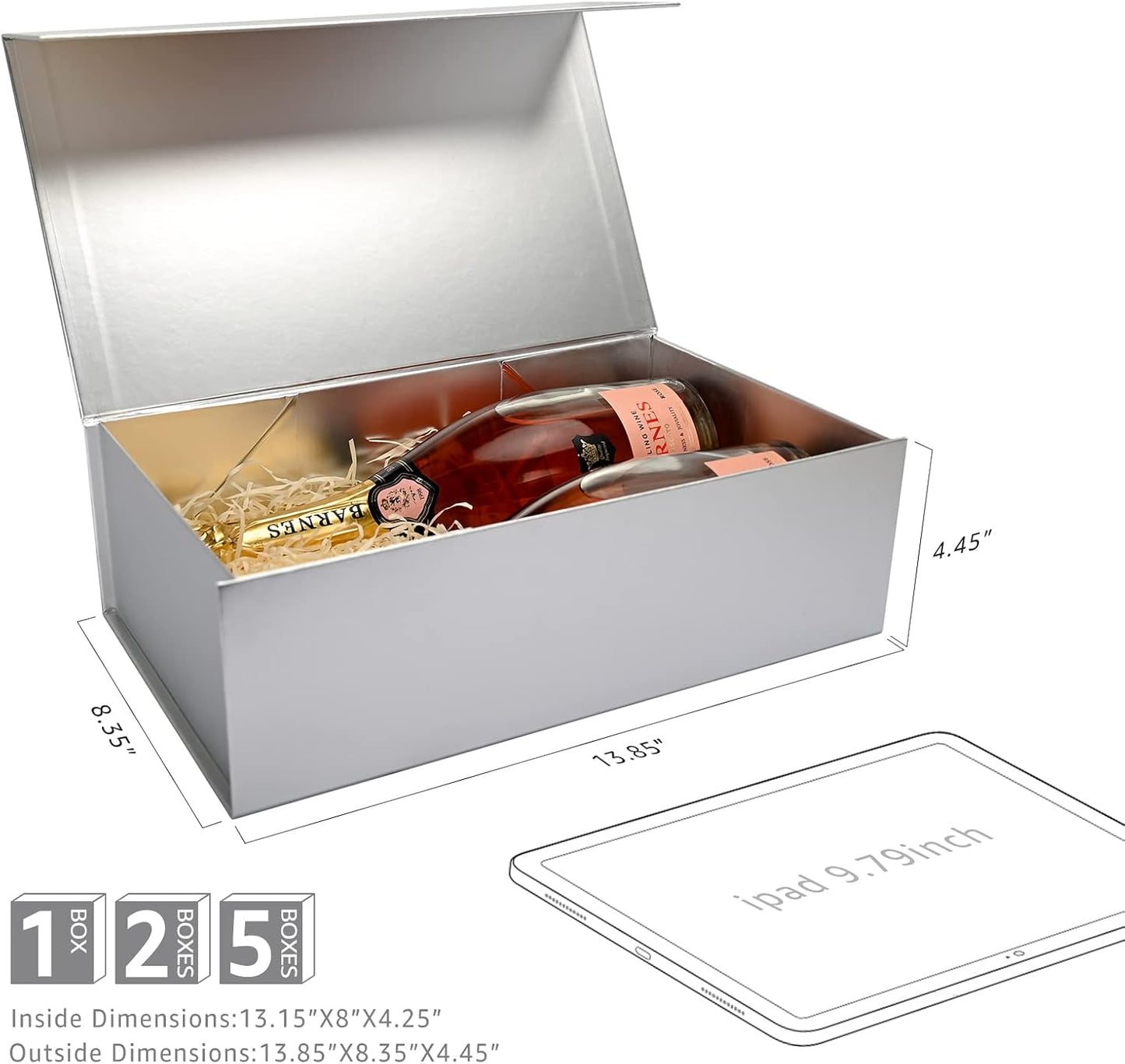 LIFELUM Gift Boxes with Lids,1 Pack 13.85 x 8.35 x 4.45 inch Silver Gift Boxes with Ribbon, Card, Shredded Paper Filler Gift Boxes for Presents,Graduation,Christmas,Birthdays