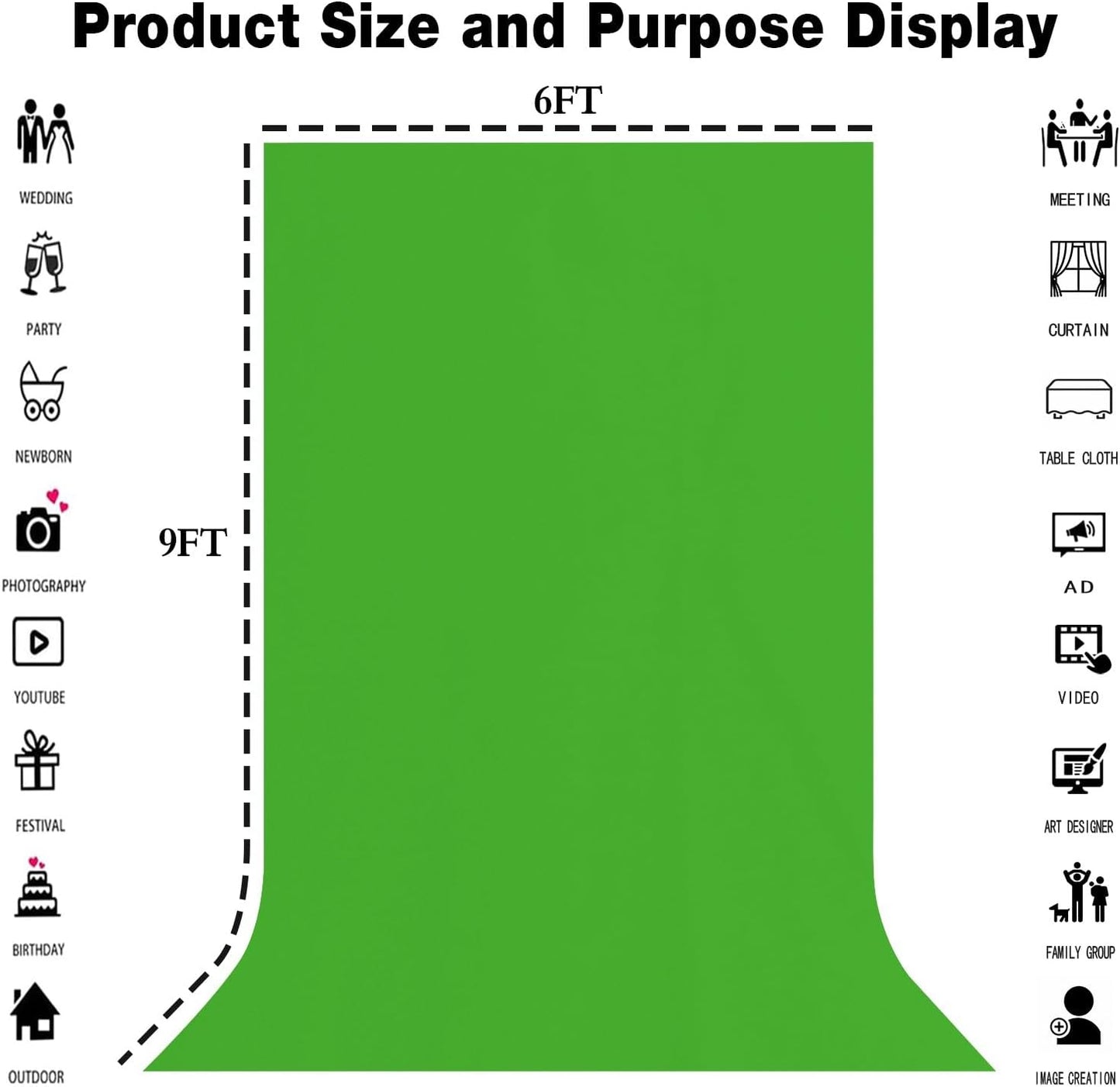 6x9FT Green Screen Backdrop Portable Solid Color Photography Background for Video, Studio, Photo, Live, Editing Green Backgrounds