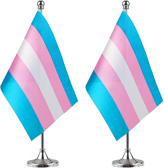 ZXvZYT 2 Pack Pride Rainbow Transgender flag Trans table flag,Small Mini LGBT Desk Flags With Stand Base,American Rainbow Mardi Gras Party Decorations Supplies