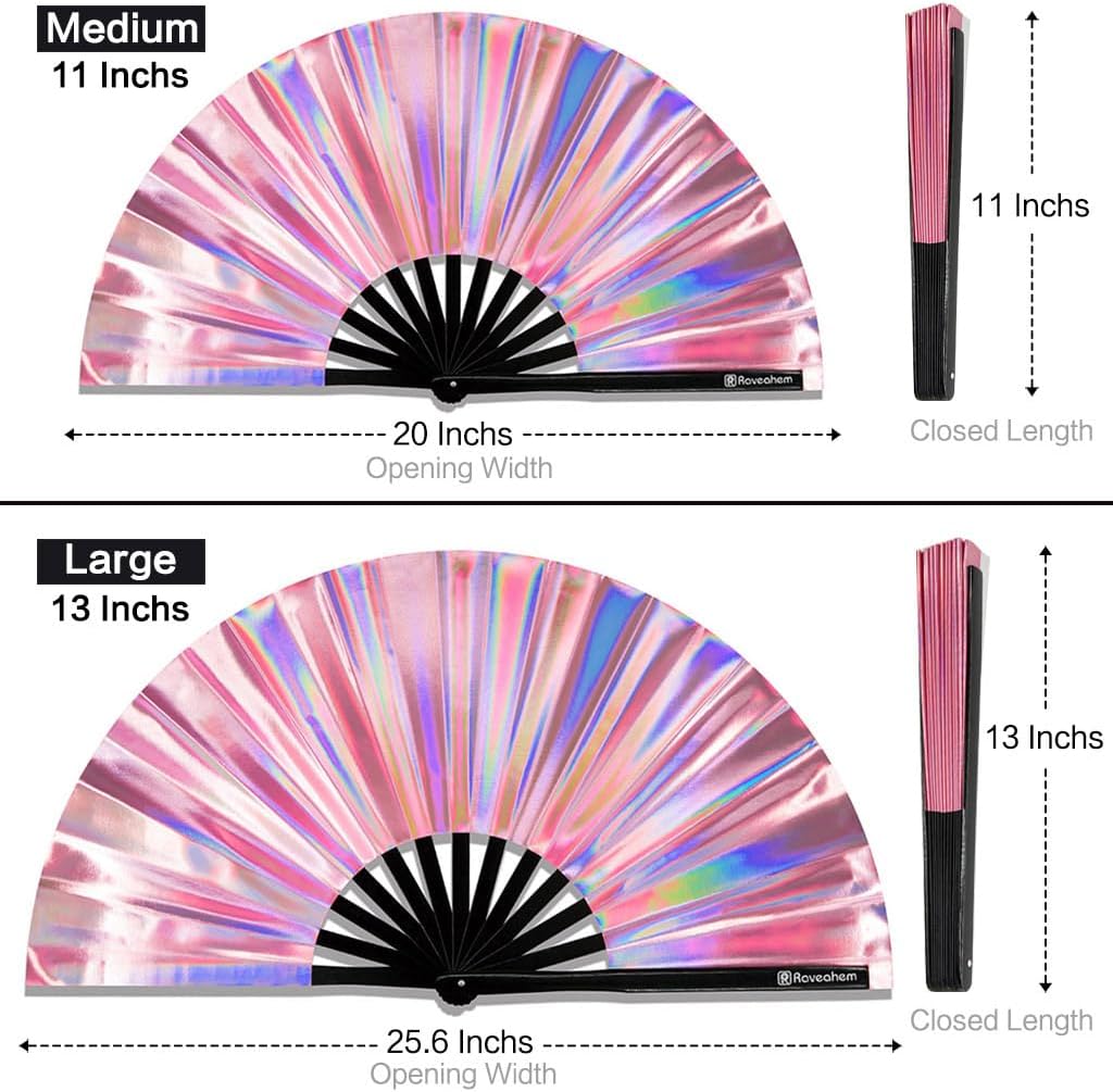 Large Rave Fan, Clack Folding Hand Fan with Premium Fabric, Thick Bamboo Frame for Men Women Gift for EDM, Festival, Club, Party, Dance, Decoration (Holographic Pink, 13")