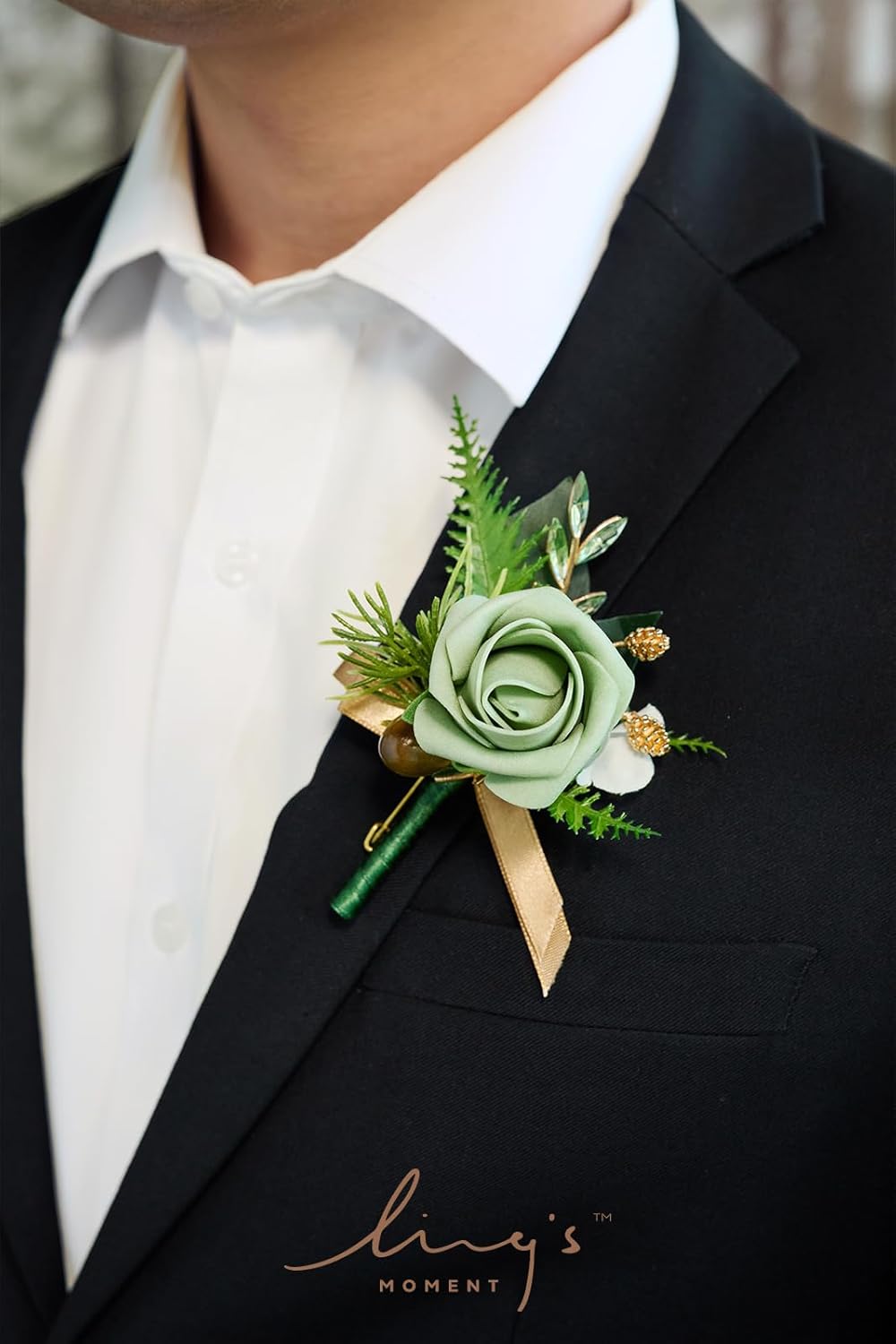 Ling's Moment Boutonniere for Men, 6pcs Groom Groomsmen Boutonniere, Artificial Flowers for Wedding Decor/Prom/Homecoming, etc.Green Beige