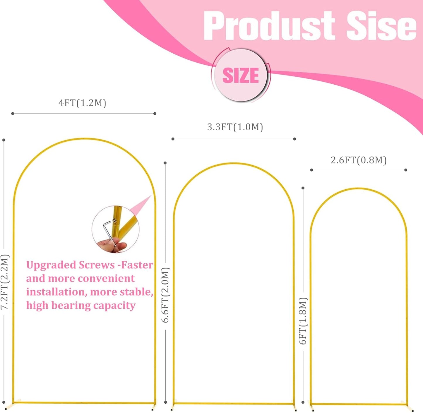 Bazen Wedding Arch Backdrop Stand 7.2FT, 6.6FT, 6FT Set of 3 Metal Arch Backdrop Stand for Birthday Party Wedding Ceremony Bridal Baby Shower Banquet Party Event Decor