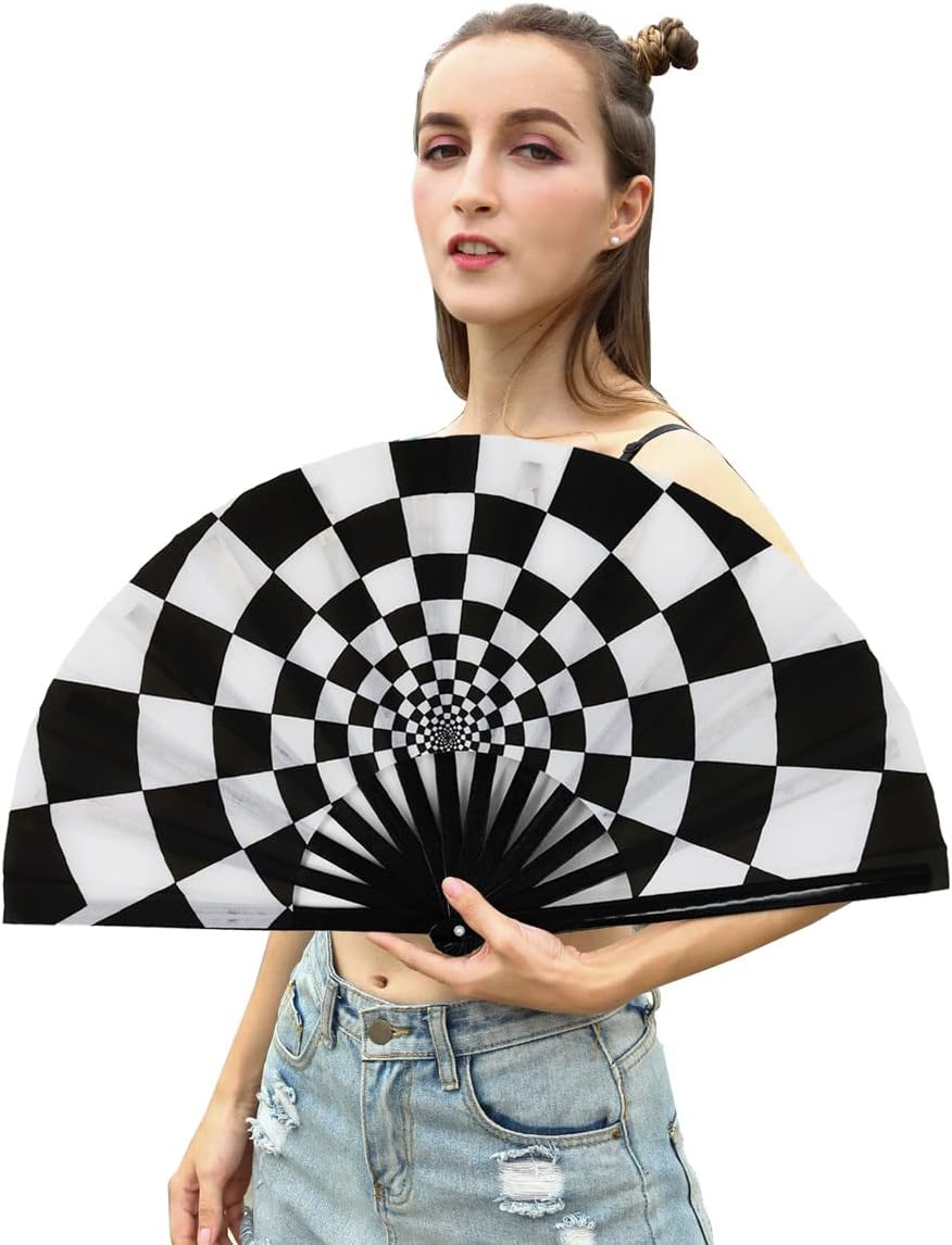 Amajiji Large Folding Hand Rave Fan Popping Fan for Line Dancing Clacking Fans for Boots On The Ground Dance,Party,Decoration,Festival (Speed Checkered)