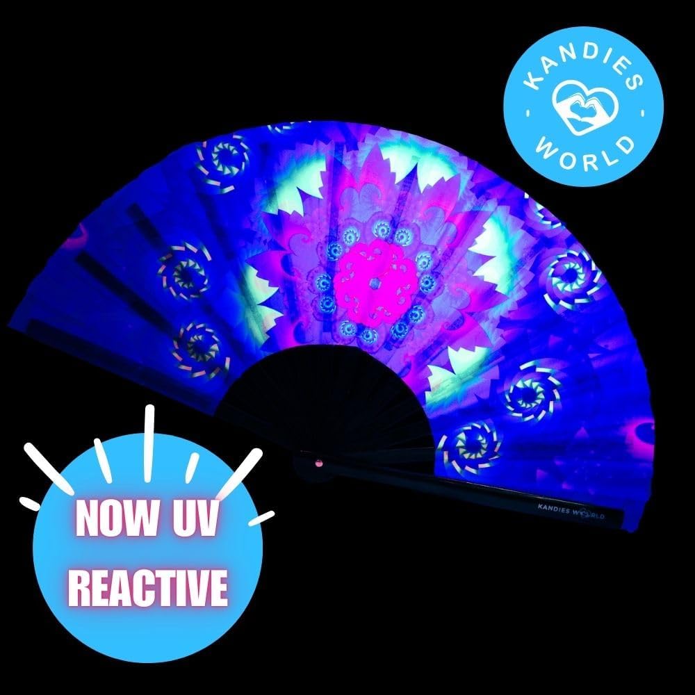 Kandies World UV Reactive Custom Festival Folding Hand Fan - Unique Designs, Made of Bamboo, Clacking Sound, Lightweight - Perfect Rave and Festival Accessory!