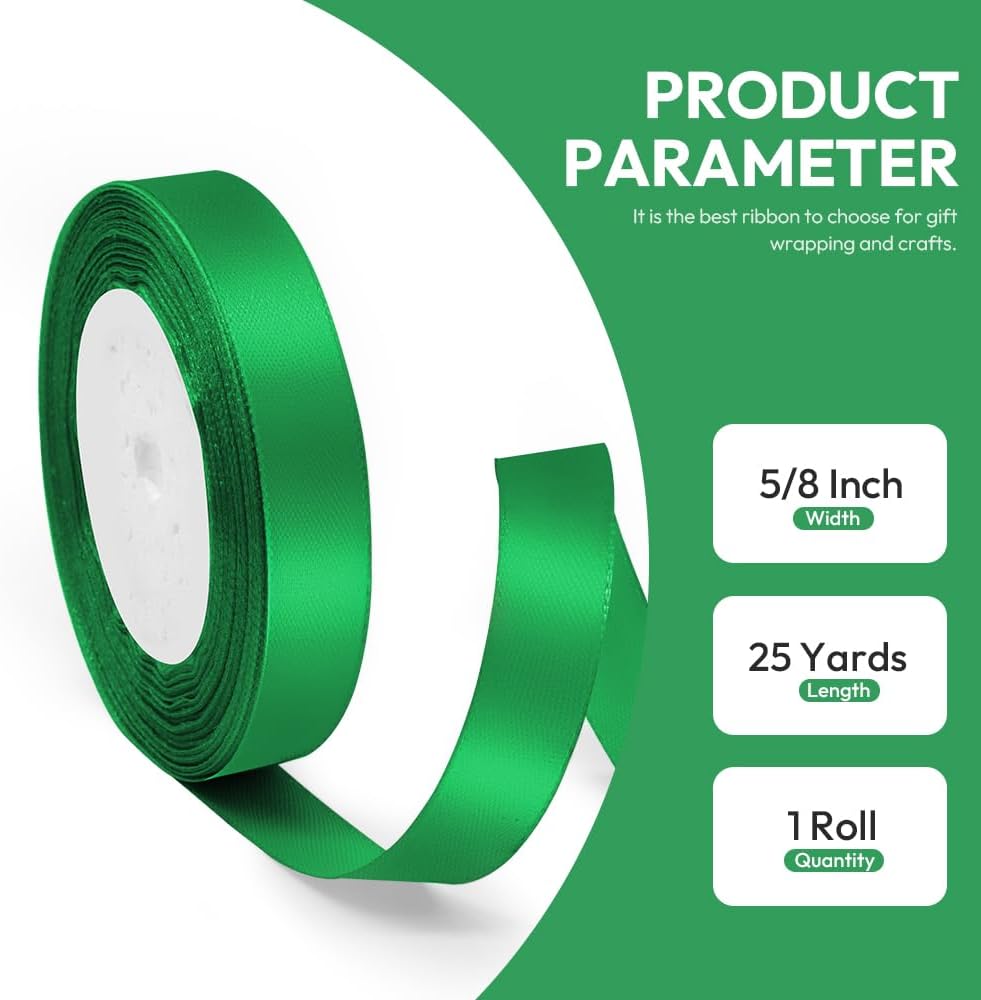 5/8" x 25 Yards Satin Ribbon, Green Silk Ribbon Ideal for Gift Wrapping, Floral Bouquets, Crafts, Wedding Party Decorations, Christmas and Sewing Projects
