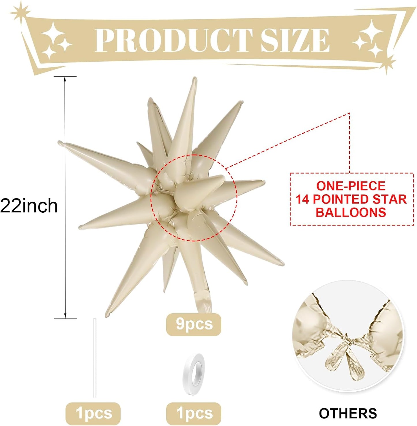Cream White Star Balloons,9Pcs 22Inch Cream White Explosion Spike Cone Helium Polyester Film Star Foil Balloons for Birthday Anniversary Baby Shower Wedding Disco Party Decorations