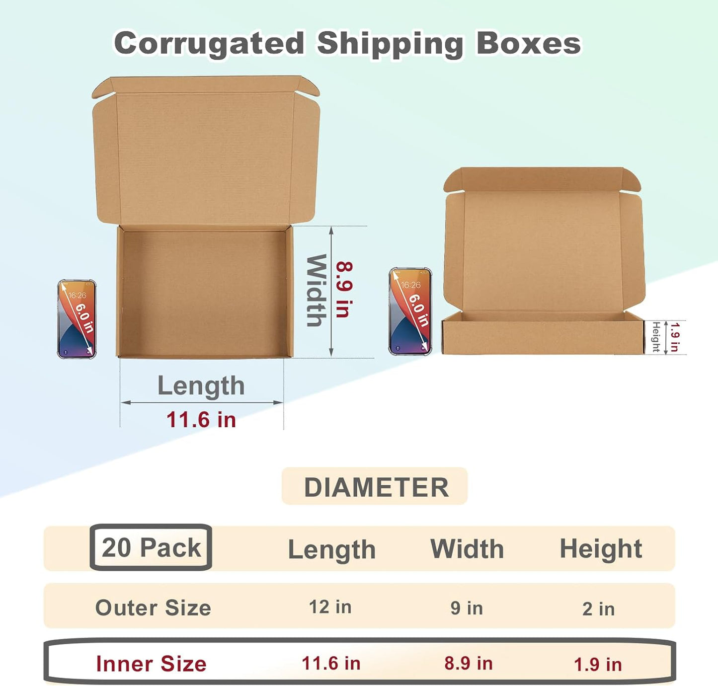 MEBRUDY 12x9x2 Inches Shipping Boxes Pack of 20, Small Corrugated Cardboard Box for Mailing Mailer Packing, Brown