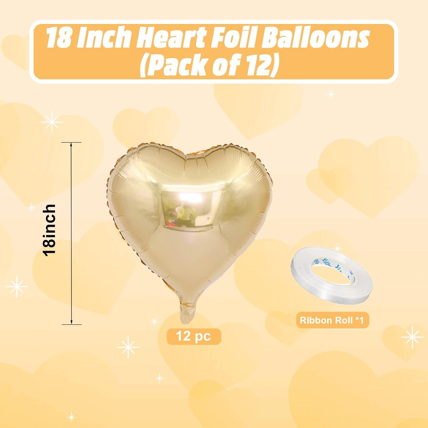 Champagne Gold Heart Balloons, 18 Inch Pastel Gold Heart Shaped Balloon, 12PCS Large Pastel Yellow Helium Foil Love Romantic Balloon for Marriage Wedding Bridal Engagement Party Anniversary Decoration