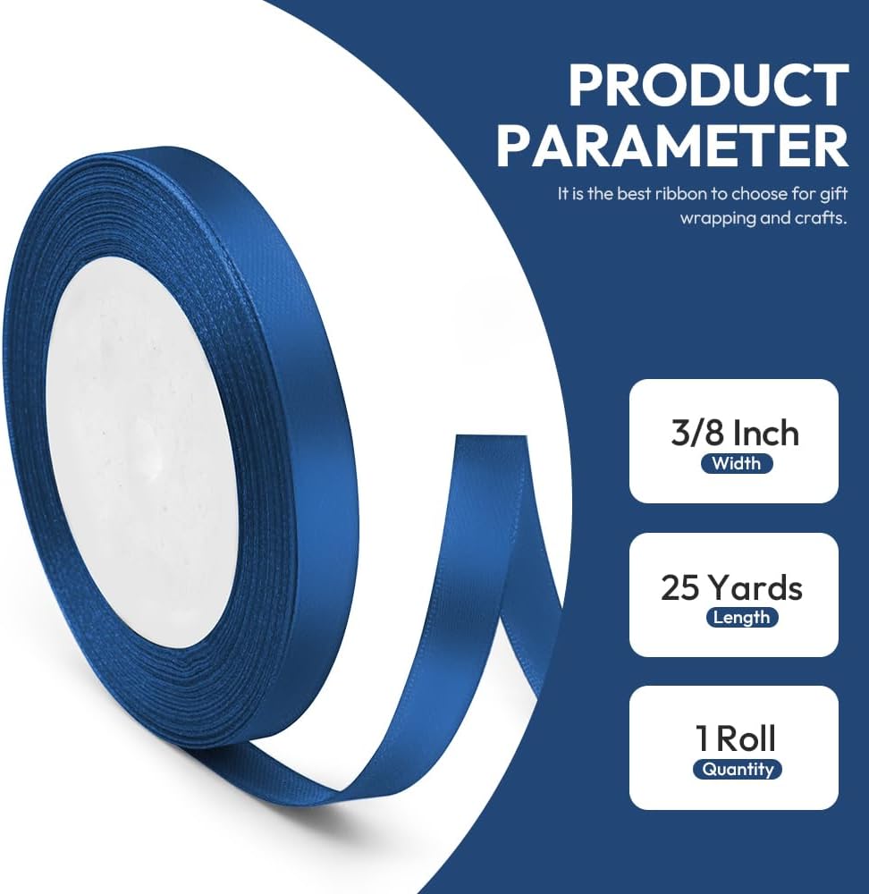 3/8" x 25 Yards Satin Ribbon, Navy Blue Silk Ribbon Ideal for Gift Wrapping, Floral Bouquets, Crafts, Wedding Party Decorations, Christmas and Sewing Projects