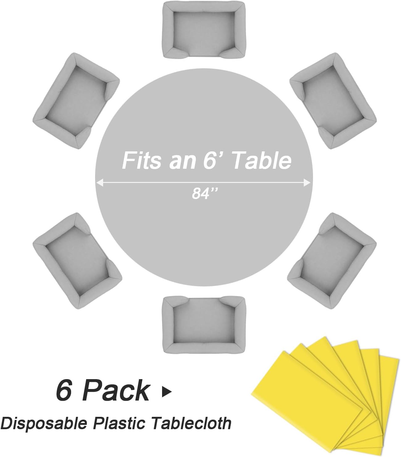 QIKSION Yellow Round Tablecloth 6 Pack, 84 Inch Plastic Table Cover Disposable for Parties