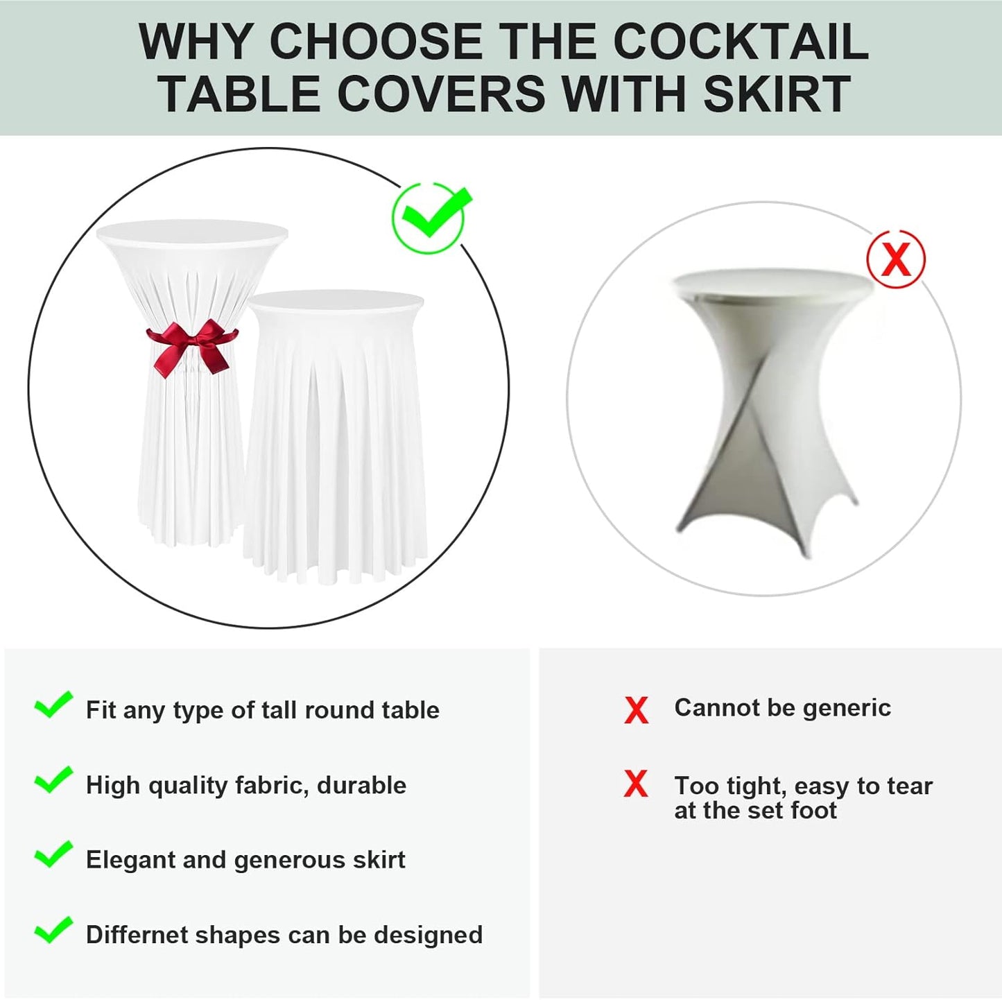 Cocktail Table Covers - 2 Pack 32"x 43" White Cocktail Table Tablecloth with Natural Wavy Round Skirt for Bar Wedding Party Banquet