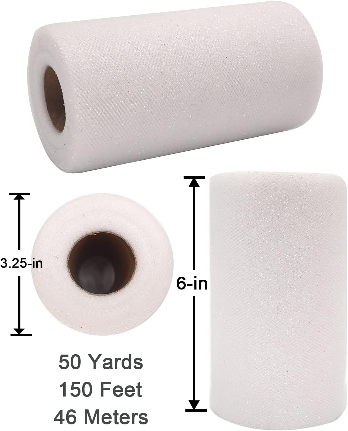 Glitter Tulle Fabric Rolls, 6 Inch 50 Yards (150ft) Sparkling Spool Ribbon Sequin Netting for Tutu Skirt Gift Wrapping Wedding Party Decoration (White)