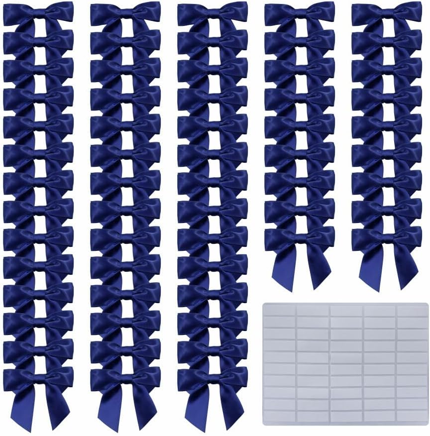 2.5" Hgzgch Dark Blue Satin Ribbon Bow for Gift Wrapping, Premade Bows for Crafts, Cake, Party Favors, Handmade Bows with Double-Sided Tape, Self Adhesive Bows for Presents, Treats, Christmas - 50pcs