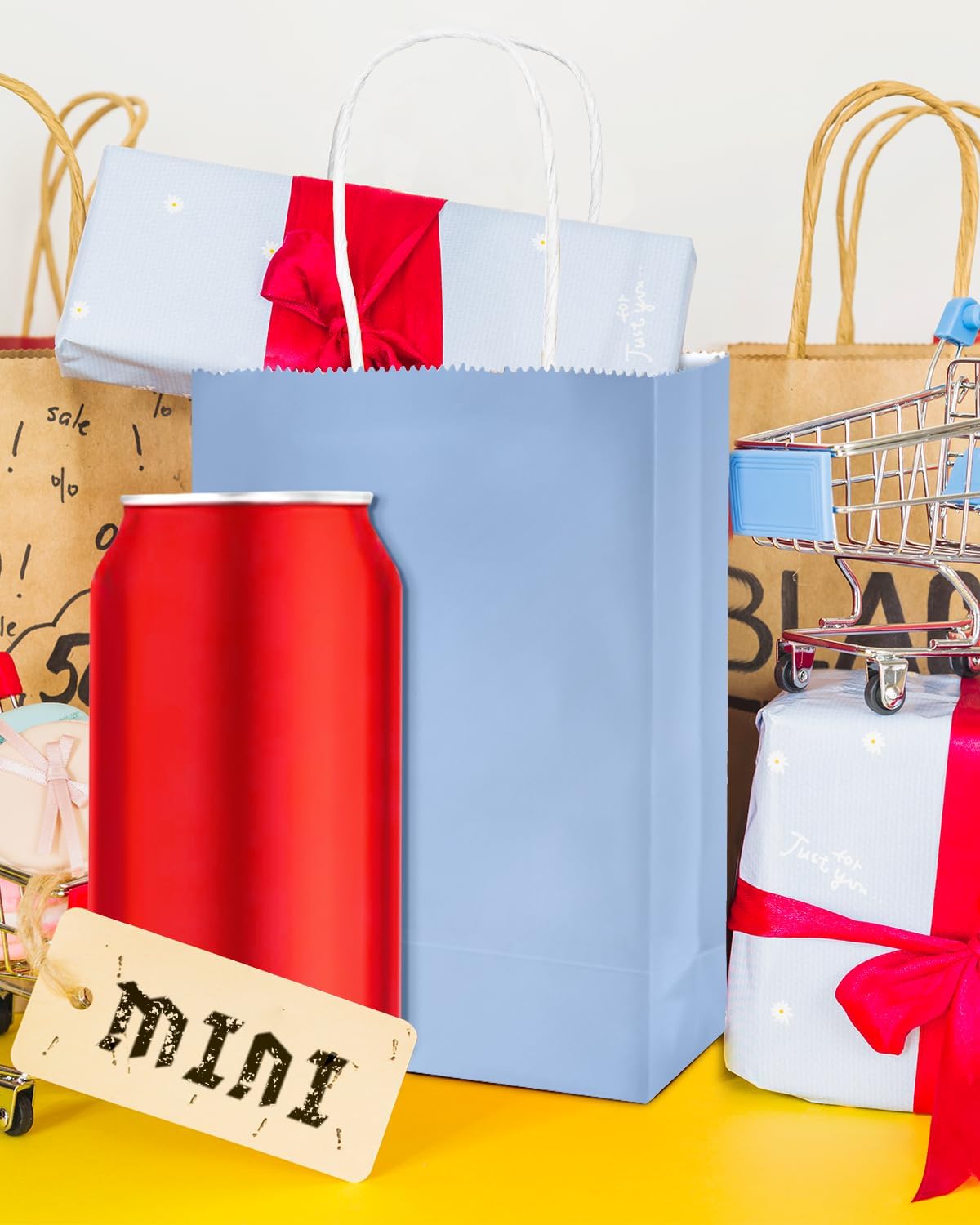 qiqee 50-Packs Light Blue Paper Gift Bags with Handles Bulk 4.5"x2.5"x6" Mini Size Party Favor Bags Multiple Uses