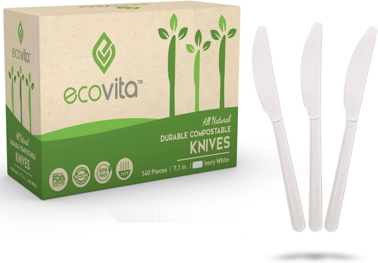 Ecovita 100% Compostable Knives - 140 Large Disposable Utensils (7 in.) Eco Friendly Durable and Heat Resistant Alternative to Plastic Knives with Convenient Tray