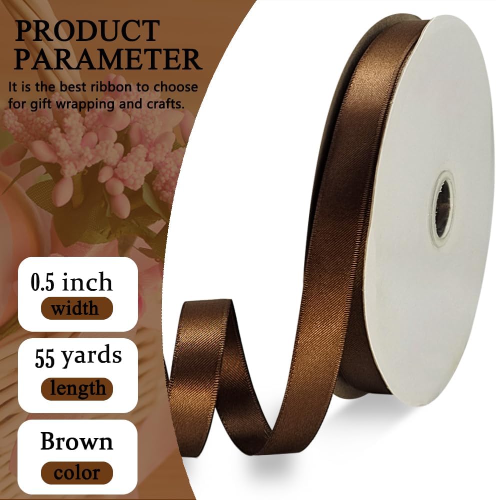 Brown Satin Ribbon Double Faced Satin 1/2 inch x 55 Yards Polyester Ribbon for Gift Wrapping Crafts Wedding Decoration Bows Ornaments Party Bouquet Floral Arrangement