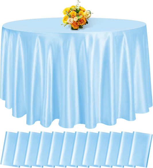 12 Pack 108 Inch Light Blue Satin Tablecloth - Silky Round Tablecloth Overlay Smooth Fabric Table Cover, Bright Table Decoration for Wedding Party Banquet Events Restaurant Kitchen Dining