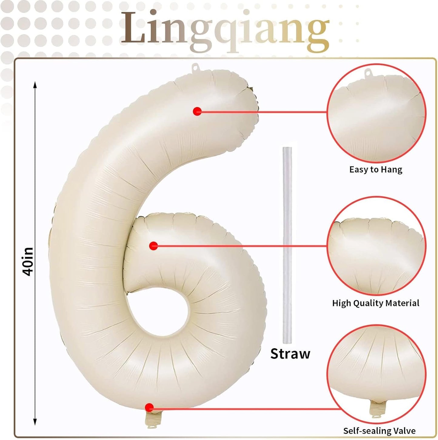 Cream Number Balloons, 40inch Large Beige Number 6 Foil Mylar Helium Balloons for Girls Women, Ivory White Self Inflating Number Balloons 0-9 for Men Boys Birthday Party Celebration Decoration