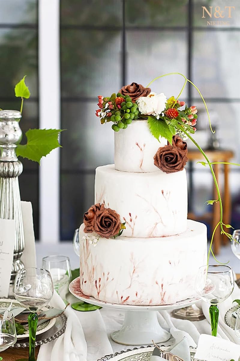 N&T NIETING Artificial Flowers Brown Glitter Flowers Foam 25pcs Roses Real Looking Fake Roses with Stem for DIY Wedding Bouquets Centerpieces Bridal Shower Party Home Decorations