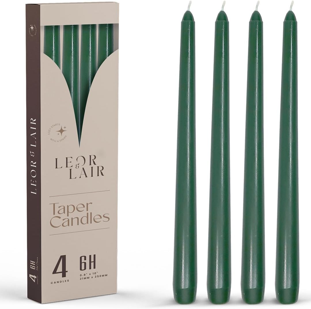 Leor & Lair Green Taper Candles - 4 Pack 10" Green Candlesticks for Christmas - Unscented Long Burning Candle Sticks for Spring, Home Decor, Dinner, Holidays, Weddings & Business Events
