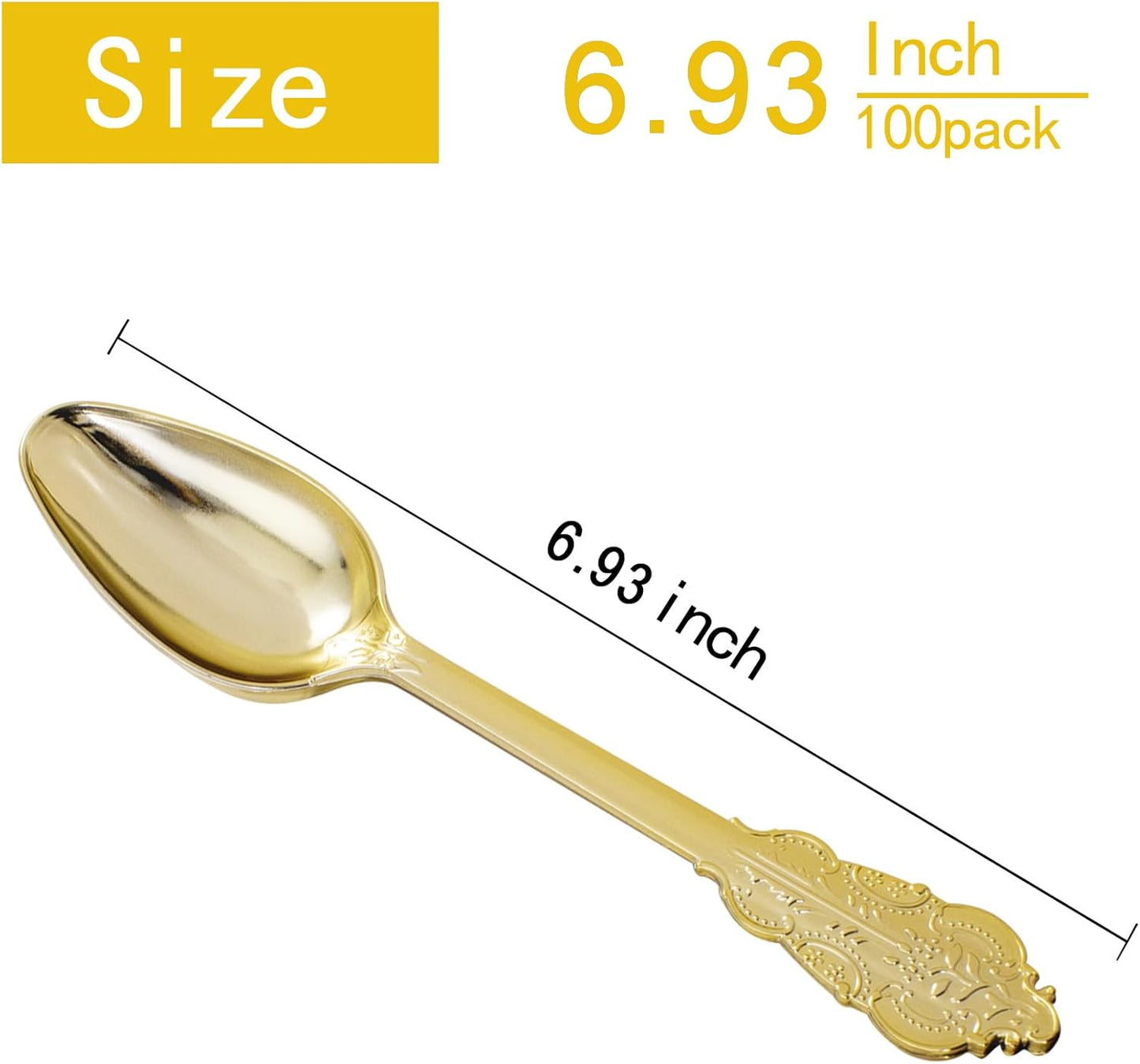 WDF 100 Piece Gold Plastic Spoons Disposable - 6.93 Inch Baroque Gold Spoons Plastic Silverware for Dessert Cake - Heavy Duty for Thanksgiving Party, Wedding or Daily Using