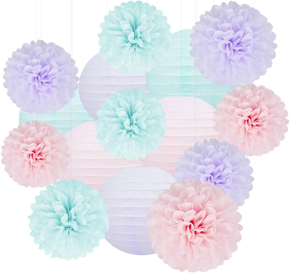 Blue Pink Purple Party Decorations - 15Pcs Tissue Pom Poms Paper Flowers Paper Lanterns Mermaid Birthday Party Baby Shower Lavender Wedding Hanging Decor