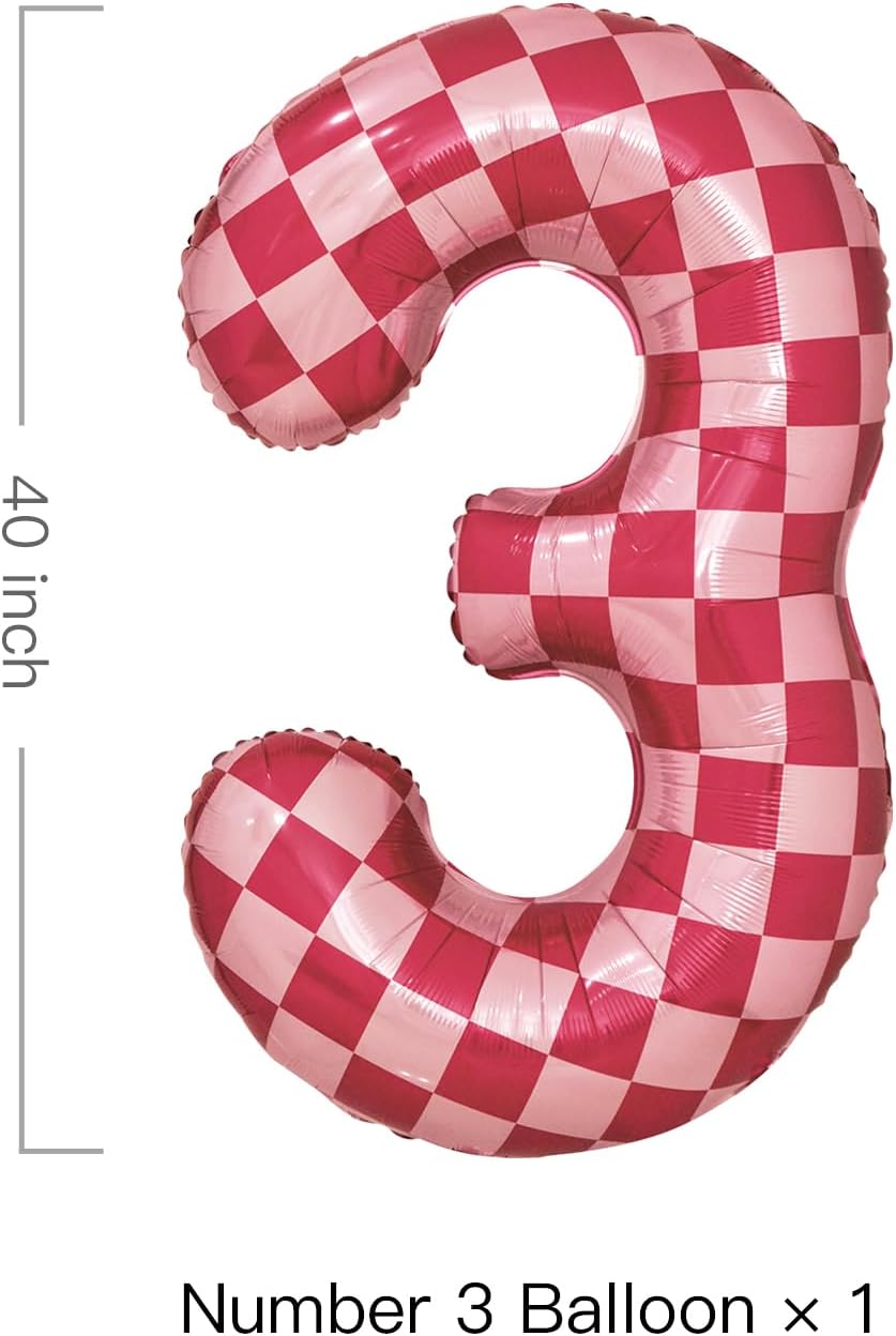 40 Inch Pink Checkered 3 Balloon Large Hot Pink Number Balloons for Girls 3rd Birthday Decorations Pink Number 3 Balloon