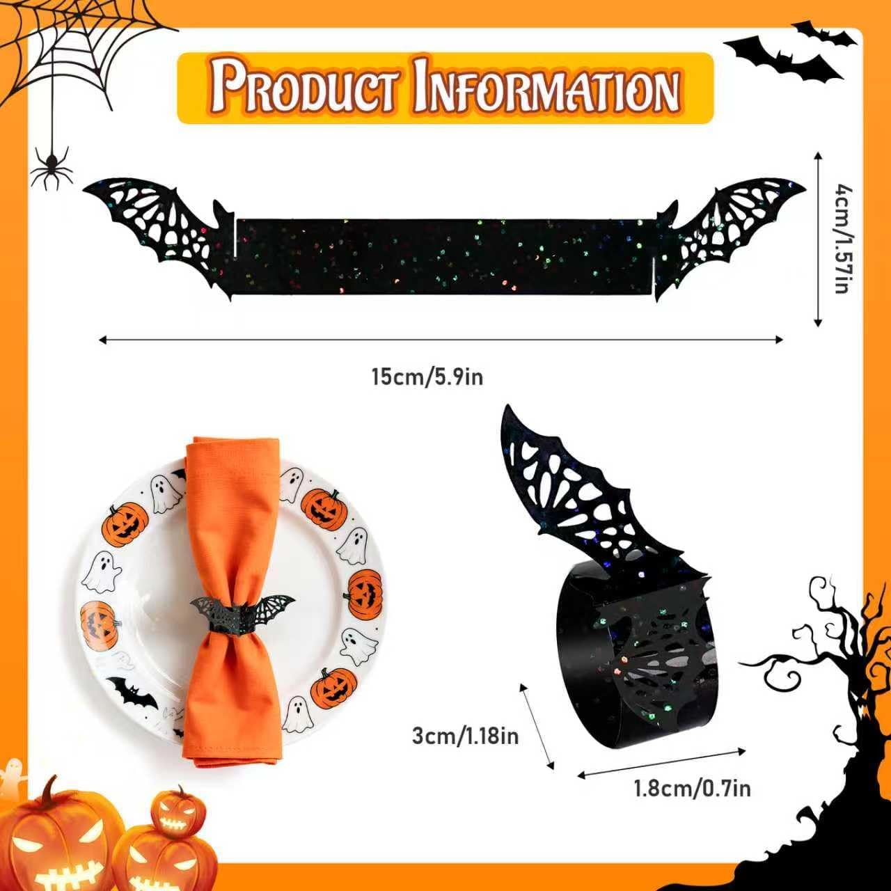 100 Pcs 3D Halloween Bat Napkin Rings, Silverware Wraps Bands,Table Setup Wedding Valentines Day Event Party Supply Table Settings, Glossy Serviette Buckles Decor (Black Bat)