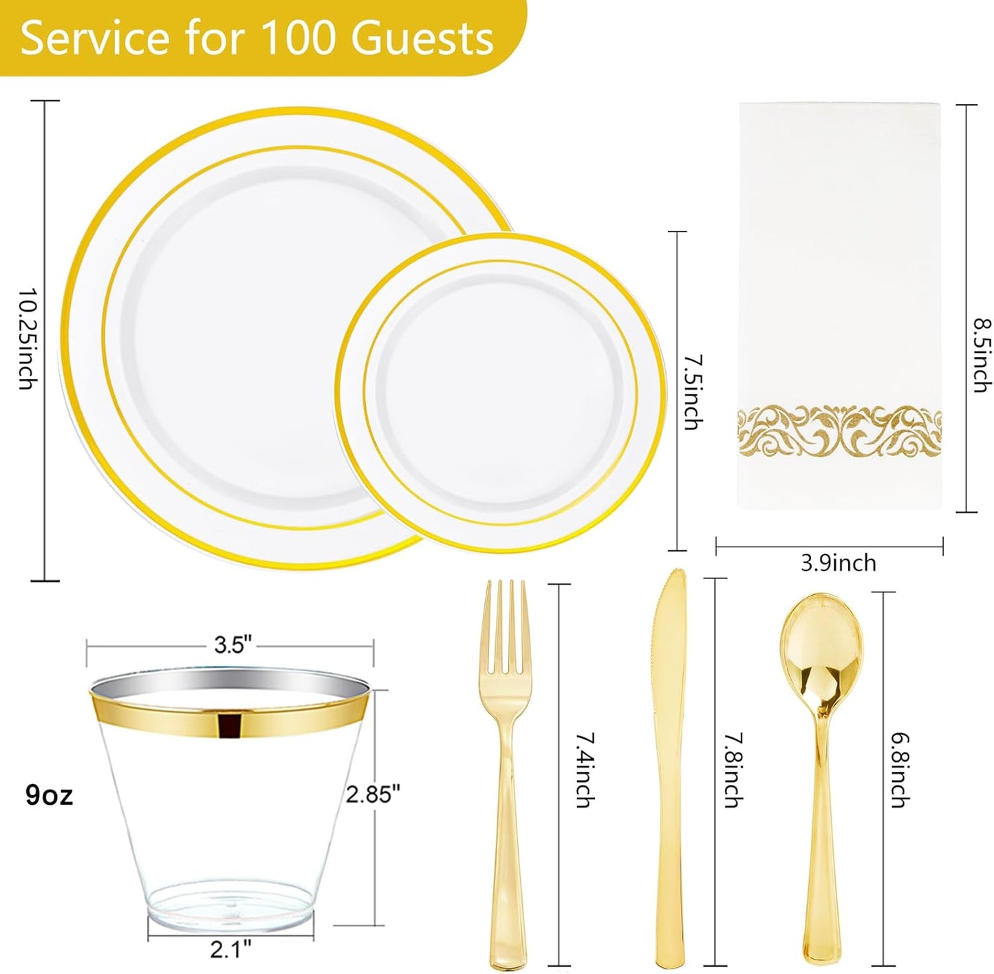 NOCCUR 700PCS Gold Disposable Dinnerware Set for 100 Guests - Include 200 Gold Dinner/Dessert Plates, 100 Napkins, 100 Cups, 300 Plastic Silverware for Wedding/Party/Thanksgiving