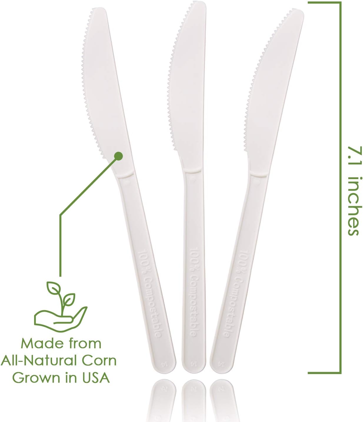 Ecovita 100% Compostable Knives - 140 Large Disposable Utensils (7 in.) Eco Friendly Durable and Heat Resistant Alternative to Plastic Knives with Convenient Tray