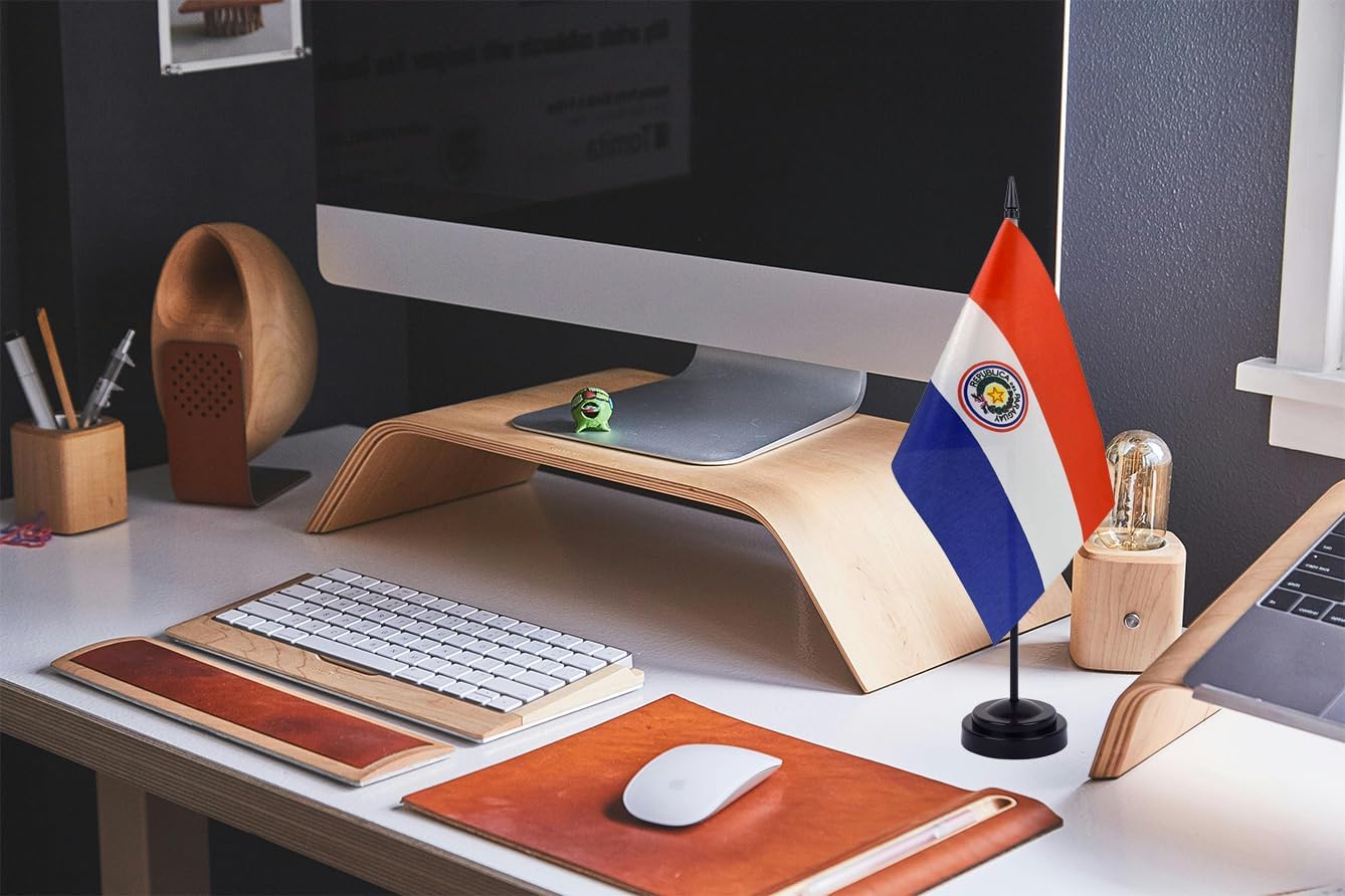 WXTWK 2 Pack Paraguay Flag Paraguay Deluxe Desk Flag Set - Mini Small Paraguay Table Office Flags with Black 12" Solid Pole Stand Base Classroom Meeting Desktop Decorations
