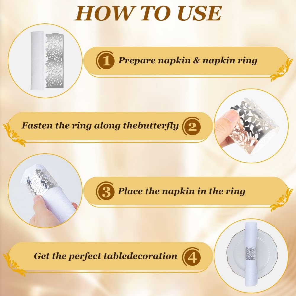 150PCS Rose Flower Paper Napkin Rings, Simple Napkin Holders Dinner Tables Rings Elegant Ornament Table Setting Decoration for Wedding, Christmas, Thanksgiving, Holiday, Party (Silver)